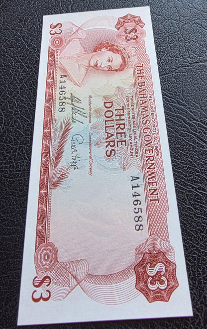 Three 3 Dollars 1965 Bahamas British Colony Gem Uncirculated UNC