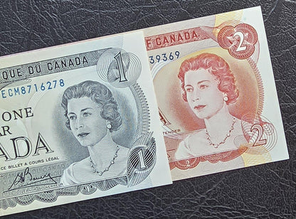 Set of 1 and 2 Dollars 1974 Canada Gem Uncirculated UNC (two notes)