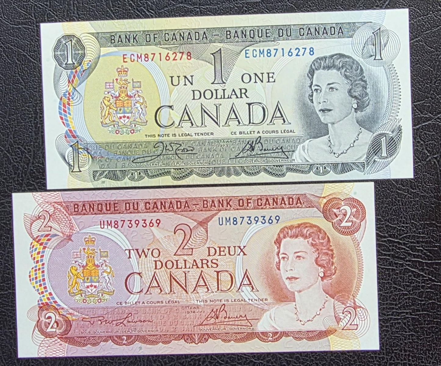 Set of 1 and 2 Dollars 1974 Canada Gem Uncirculated UNC (two notes)