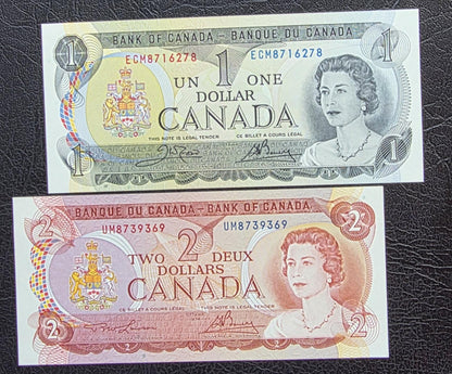 Set of 1 and 2 Dollars 1974 Canada Gem Uncirculated UNC (two notes)