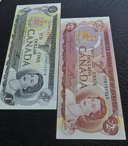 Set of 1 and 2 Dollars 1974 Canada Gem Uncirculated UNC (two notes)
