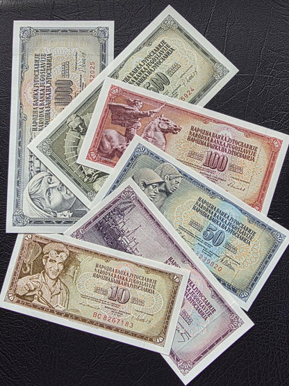 Set of 10, 20, 50, 100, 500 and 1000 Dinara 1980s Yugoslavia notes Uncirculated UNC (six notes)