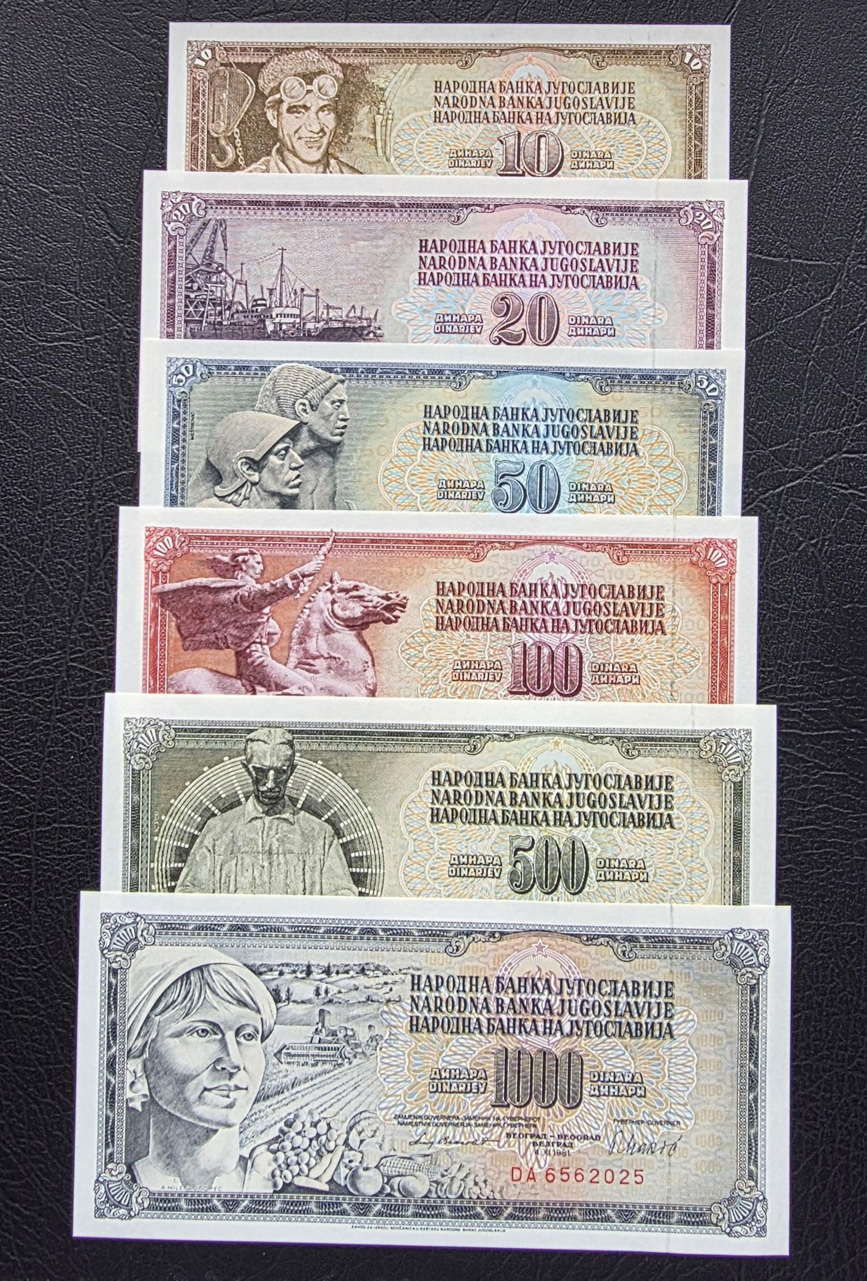 Set of 10, 20, 50, 100, 500 and 1000 Dinara 1980s Yugoslavia notes Uncirculated UNC (six notes)