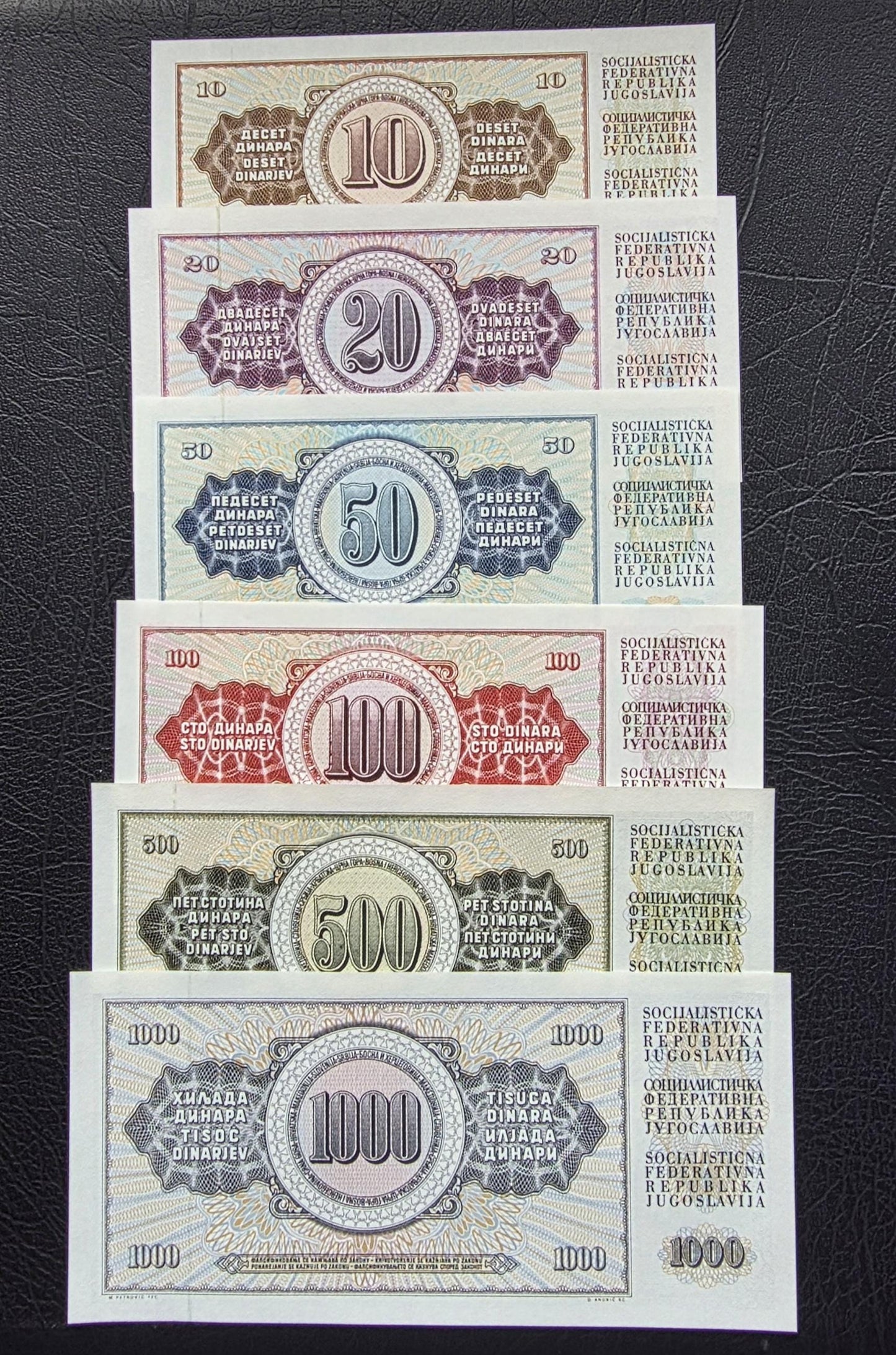 Set of 10, 20, 50, 100, 500 and 1000 Dinara 1980s Yugoslavia notes Uncirculated UNC (six notes)