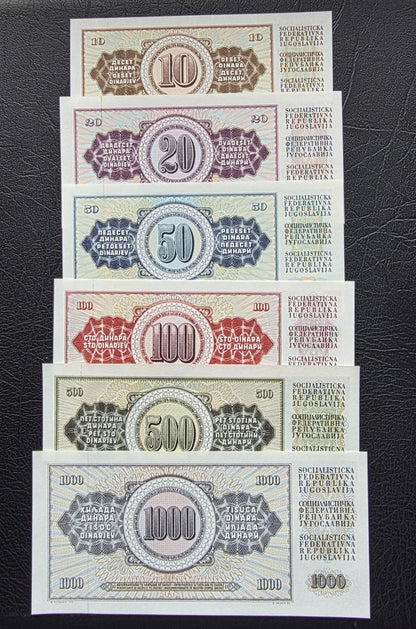 Set of 10, 20, 50, 100, 500 and 1000 Dinara 1980s Yugoslavia notes Uncirculated UNC (six notes)