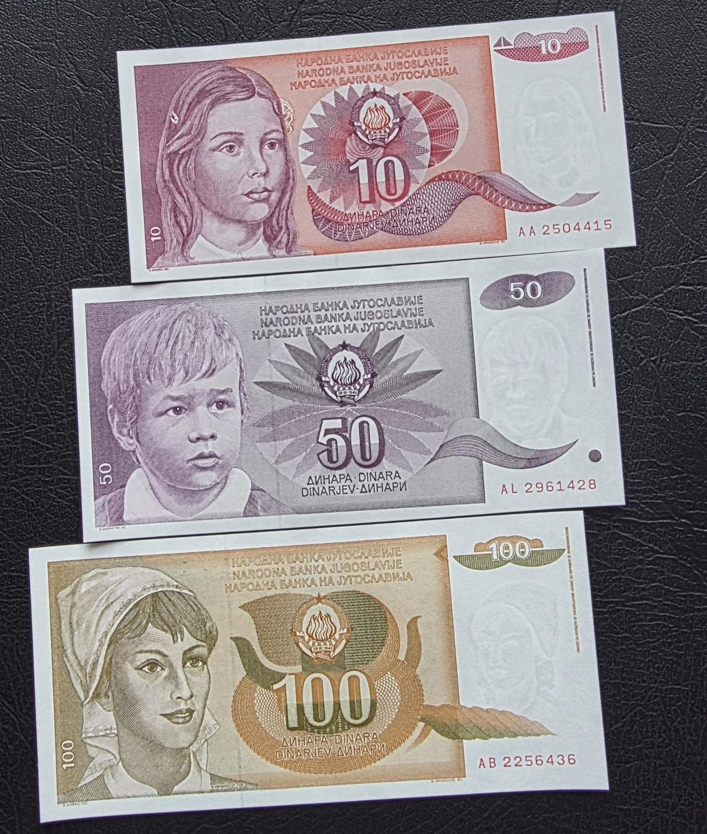 Set of 10, 50, 100 Dinara 1990s Yugoslavia notes Uncirculated UNC (three notes)