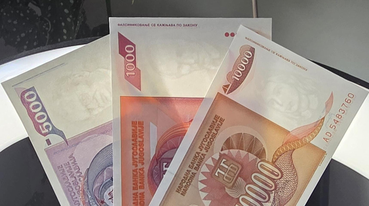 Set of 1000, 5000 and 10000 Dinara 1990s Yugoslavia notes Uncirculated UNC (three notes)