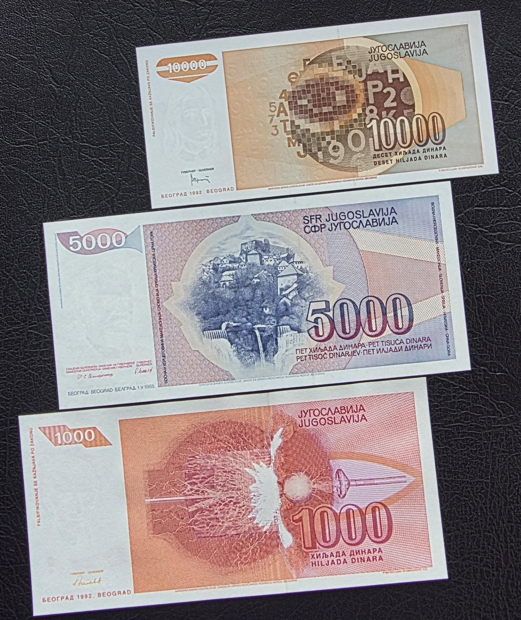 Set of 1000, 5000 and 10000 Dinara 1990s Yugoslavia notes Uncirculated UNC (three notes)