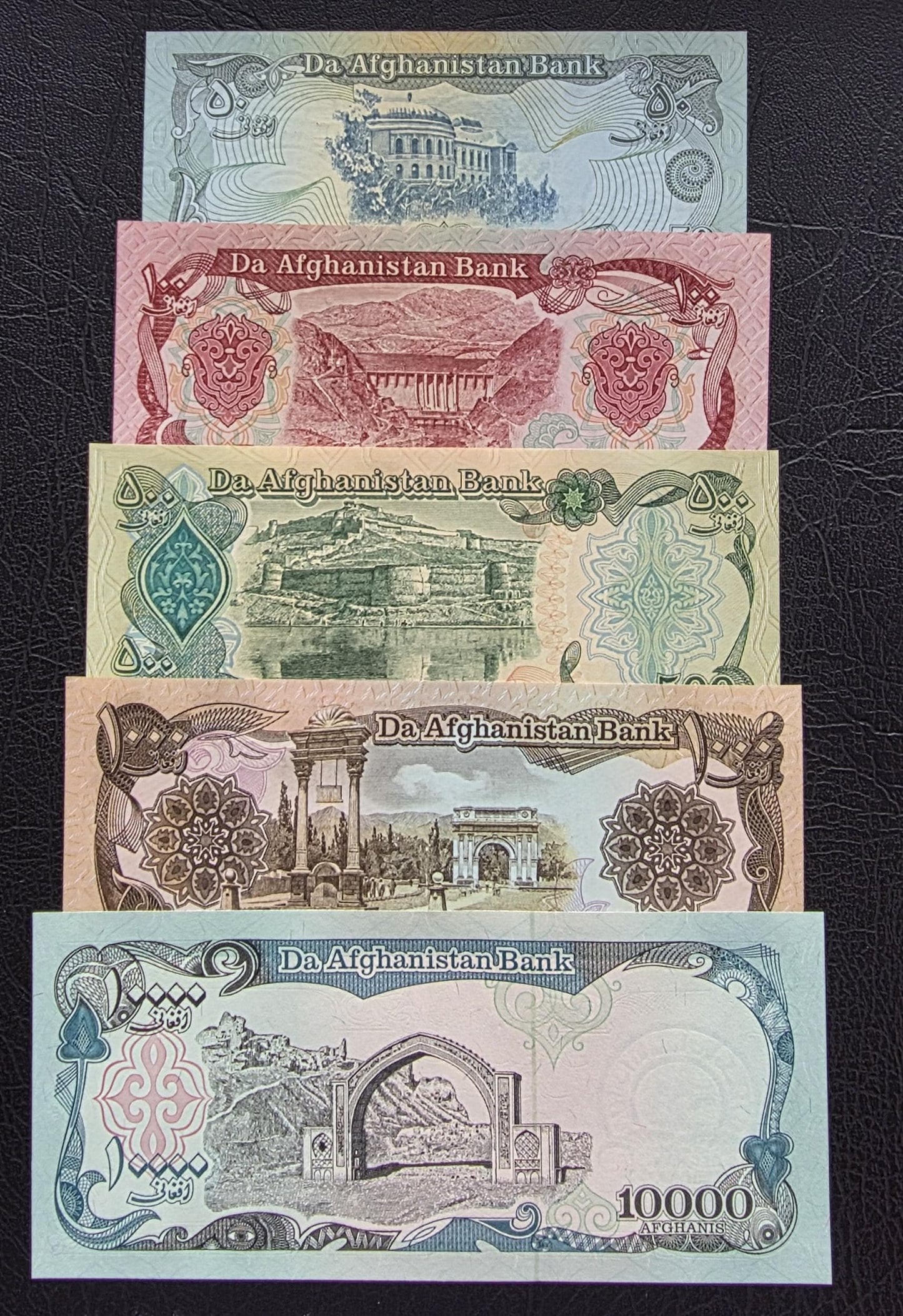 Set of 50, 100, 500, 1000 and 10000 Afghanis 1990s Afghanistan notes Uncirculated UNC (five notes)