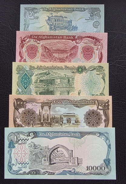 Set of 50, 100, 500, 1000 and 10000 Afghanis 1990s Afghanistan notes Uncirculated UNC (five notes)