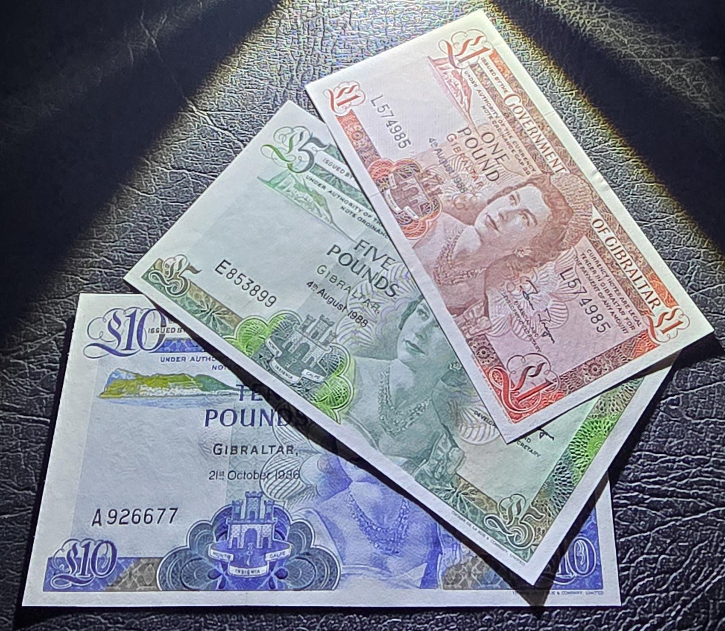 Set of 1, 5 and 10 Pounds 1986- 88 Gibraltar notes Gem Uncirculated UNC (three notes)