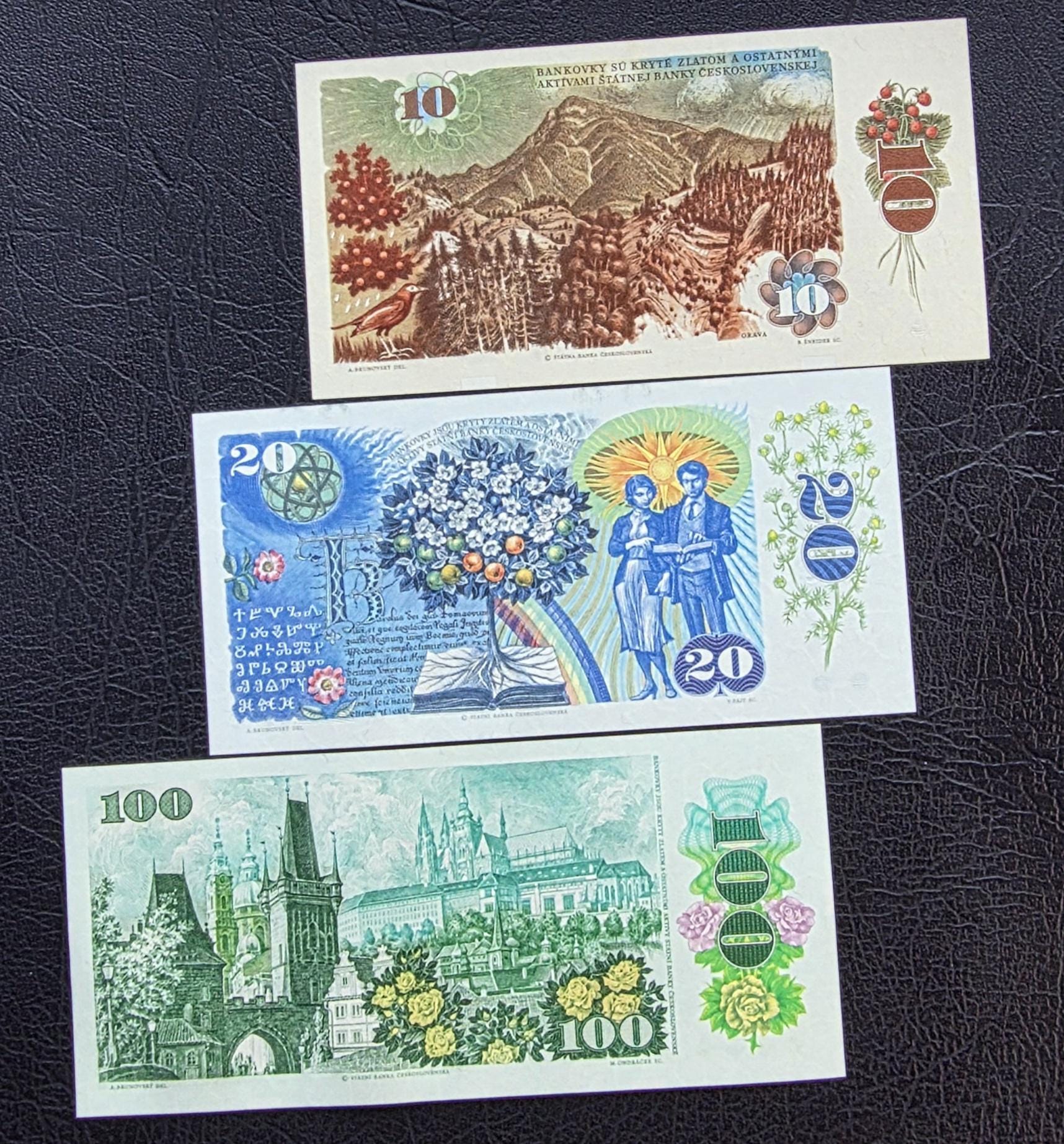 Set of 10, 20 and 100 Korun Czechoslovakia 1986- 1989 Gem Uncirculated UNC (three notes)