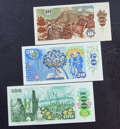 Set of 10, 20 and 100 Korun Czechoslovakia 1986- 1989 Gem Uncirculated UNC (three notes)