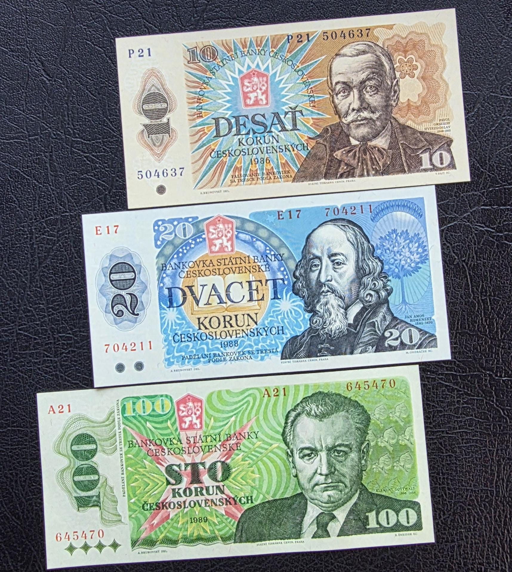 Set of 10, 20 and 100 Korun Czechoslovakia 1986- 1989 Gem Uncirculated UNC (three notes)