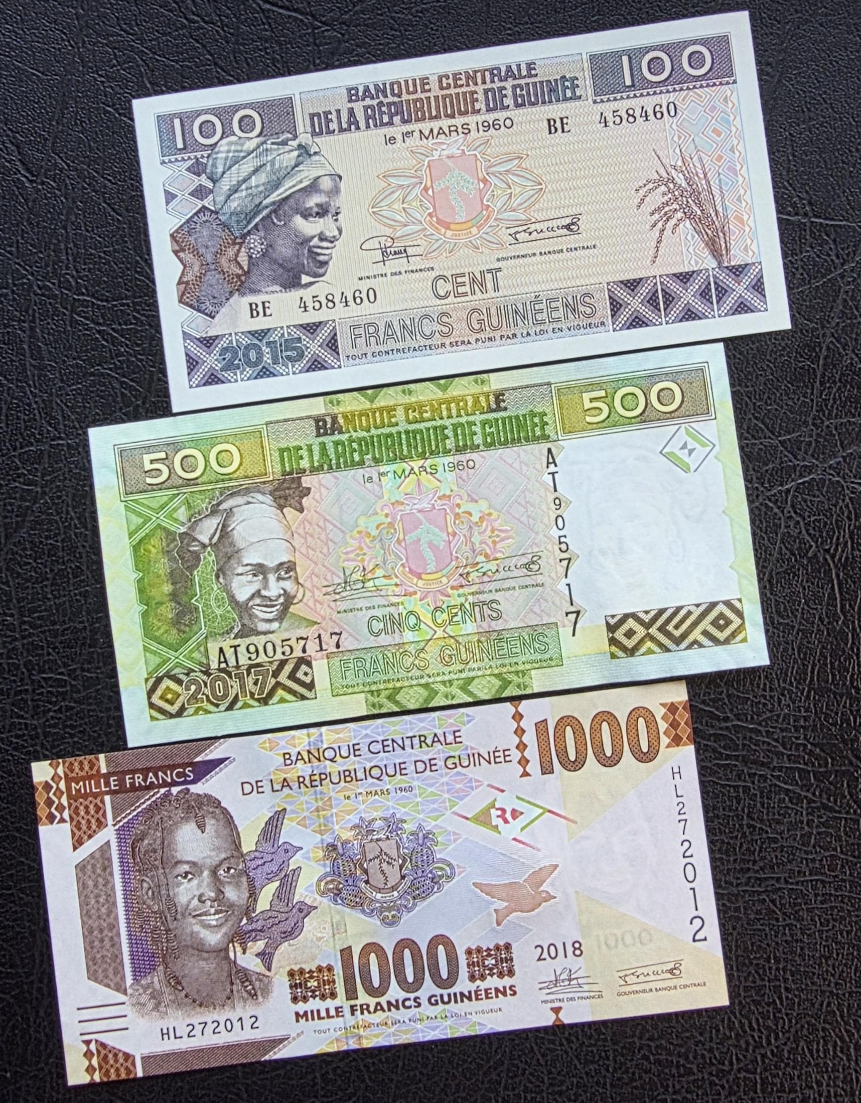 Set of 100, 500 and 1000 Francs 1960s Guinea notes Uncirculated UNC (three notes)