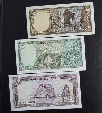 Set of 1, 5 and 10 Livres 1980-88 Lebanon Gem UNC (3 banknotes)