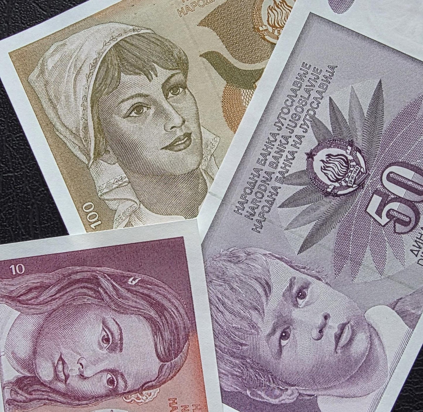 Set of 10, 50, 100 Dinara 1990s Yugoslavia notes Uncirculated UNC (three notes)