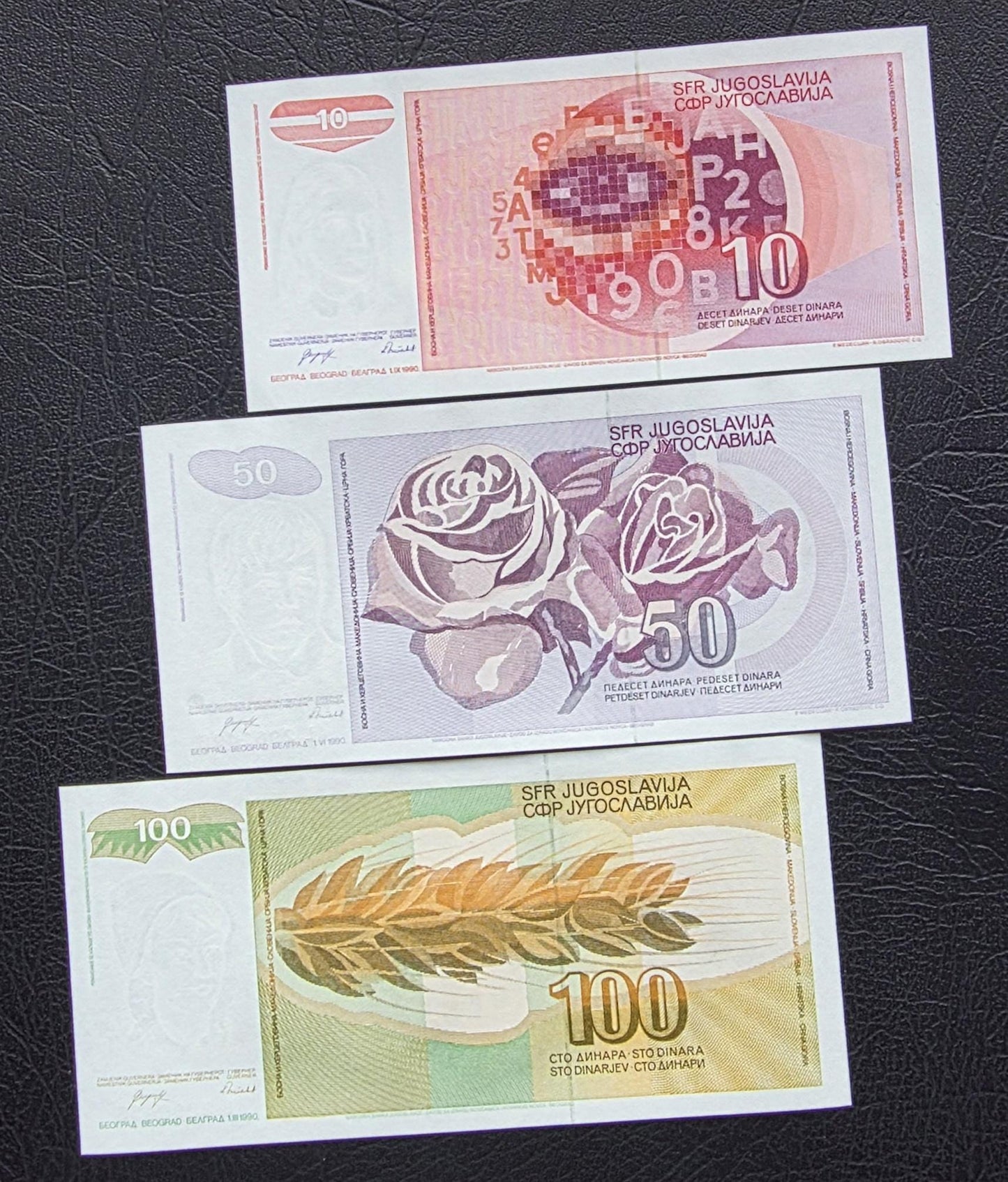 Set of 10, 50, 100 Dinara 1990s Yugoslavia notes Uncirculated UNC (three notes)