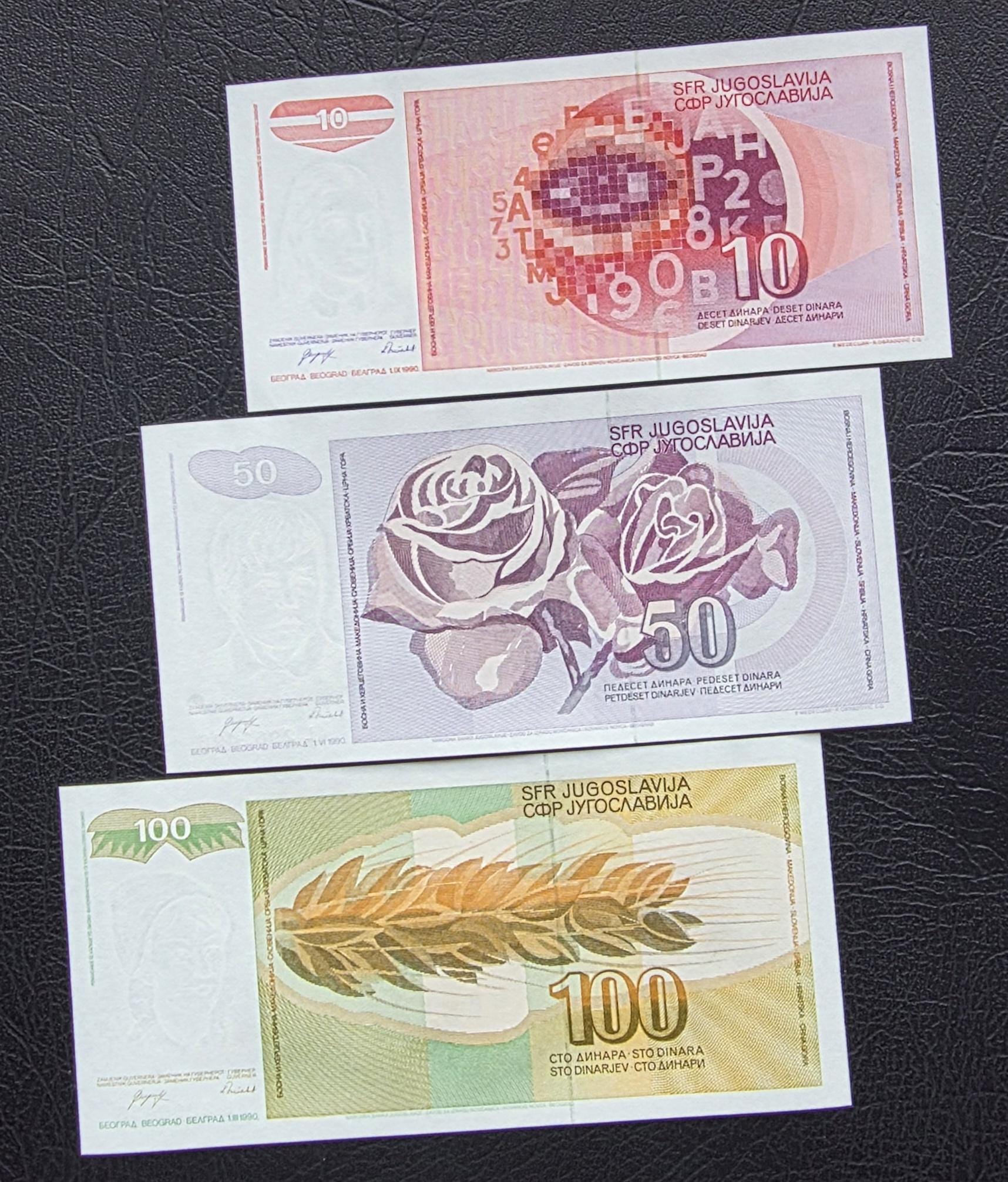Set of 10, 50, 100 Dinara 1990s Yugoslavia notes Uncirculated UNC (three notes)