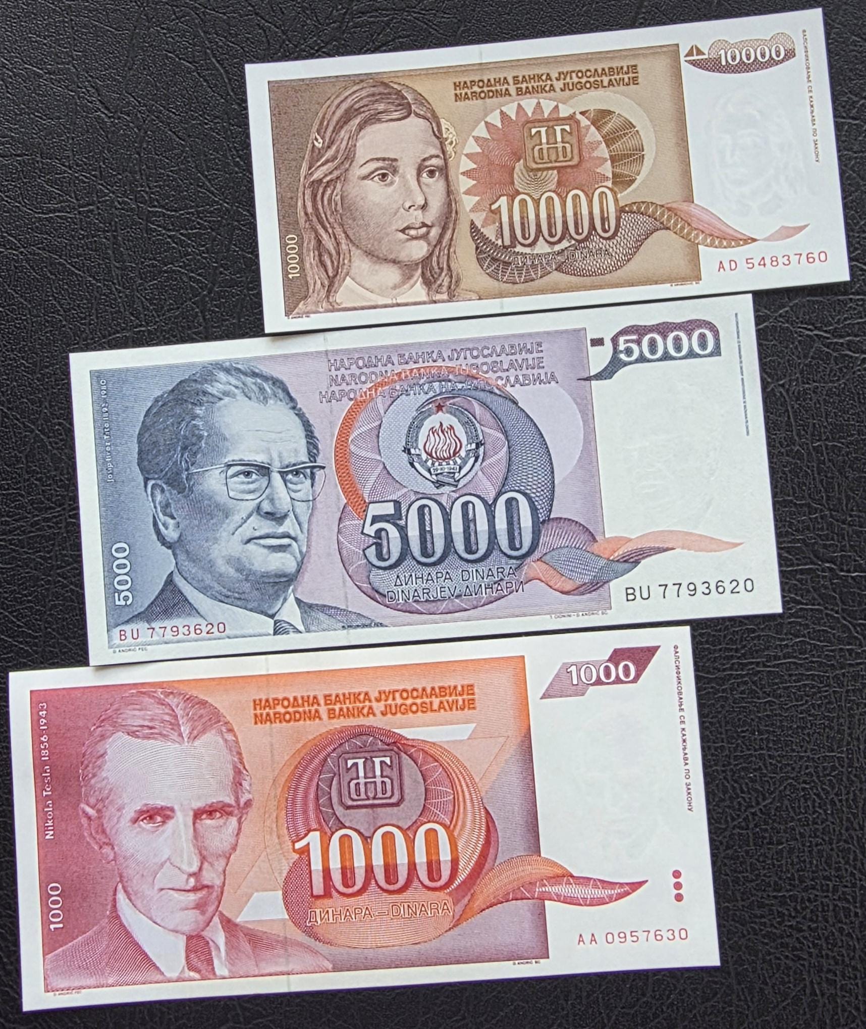 Set of 1000, 5000 and 10000 Dinara 1990s Yugoslavia notes Uncirculated UNC (three notes)