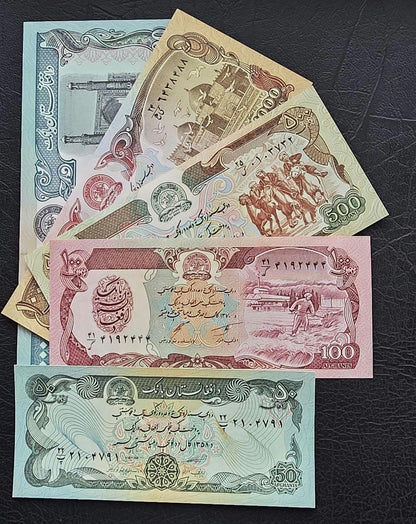 Set of 50, 100, 500, 1000 and 10000 Afghanis 1990s Afghanistan notes Uncirculated UNC (five notes)