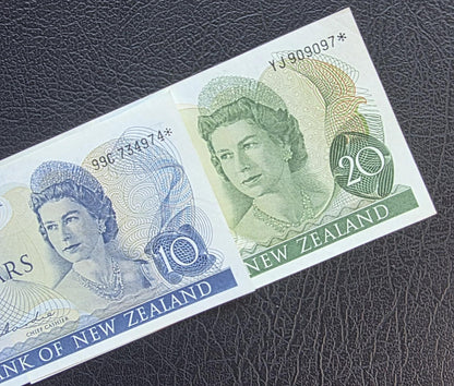 Set of 10 and 20 Dollars 1970- 1980 New Zealand About Uncirculated AUNC (two notes)