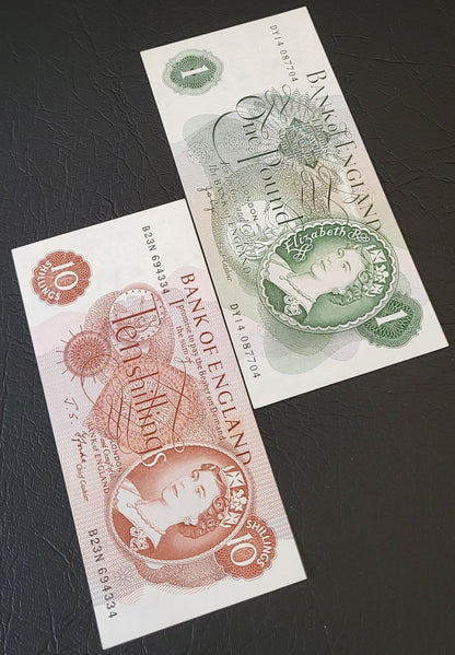 Set of 10 Shillings and 1 Pound 1966- 1970 Great Britain Bank of England Uncirculated UNC GEM (two banknotes)