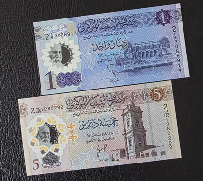 Libya 1 and 5 Dinars New Version Gem UNC Polymer (two banknotes)