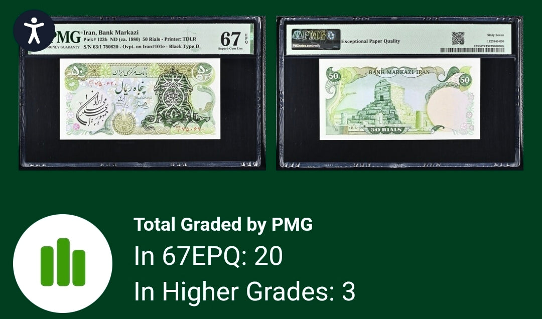 50 Rials 1981 Monarchy Portrait notes Uncirculated UNC PMG 67 EPQ