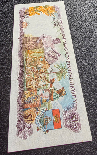One 1/2 and 1 Dollar 1968- 74 Bahamas British Colony Uncirculated UNC (two notes)