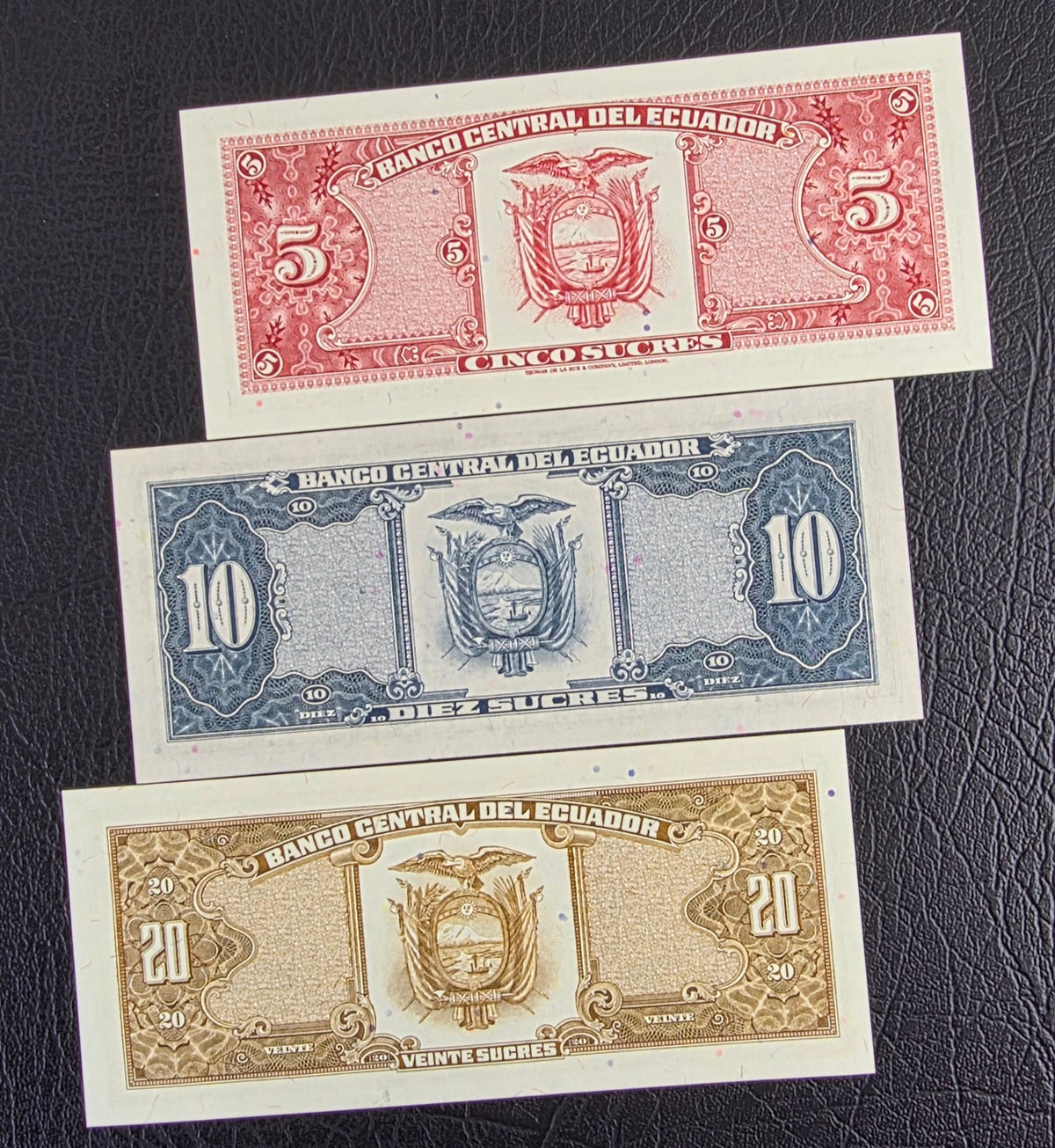 Ecuador set of 5, 10 and 20 Sucres 1980s Gem Uncirculated UNC (3 banknotes)
