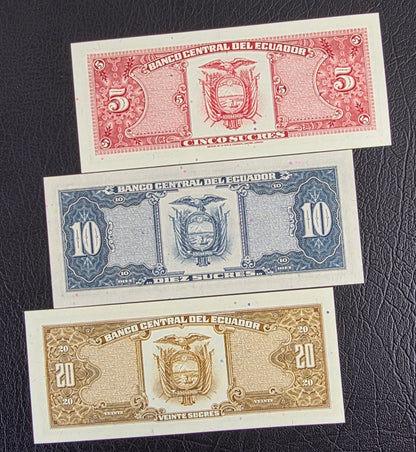 Ecuador set of 5, 10 and 20 Sucres 1980s Gem Uncirculated UNC (3 banknotes)