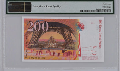 200 Francs 1996- 1997 France P 159c  Eiffel Uncirculated PMG 67 EPQ P 159b