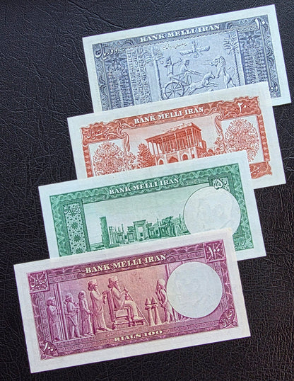 Pahlavi Shah set of 10, 20, 50 and 100 Rials 1951- 1953 Extremly fine (XF) to Uncirculated (UNC)