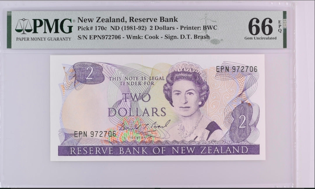 Two Dollars 1981- 1992 New Zealand Pick 170c Gem Uncirculated UNC PMG 66 EPQ