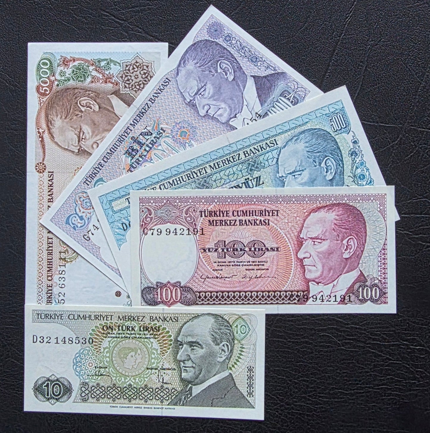 Turkey Türkiye Set of 10 to 5000 Lira 1970s Turkey Türkiye Uncirculated UNC (Five banknotes)