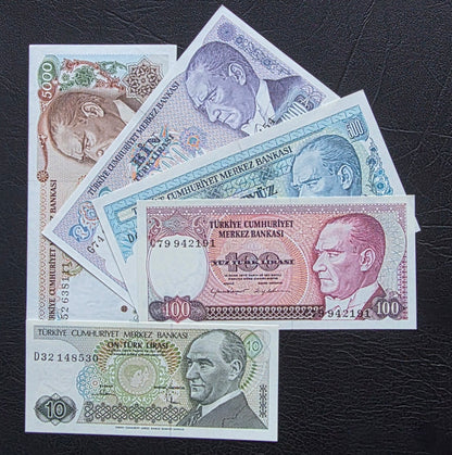 Turkey Türkiye Set of 10 to 5000 Lira 1970s Turkey Türkiye Uncirculated UNC (Five banknotes)