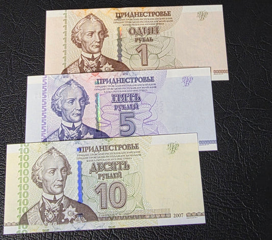 Transnistria Rubles set of 1, 5 and 10 Rubles 2007- 2012 Gem Uncirculated UNC (3 banknotes)