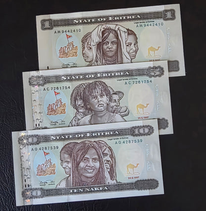 Eritrea Nakfa set of 1, 5 and 10 Nakfa 1990s Gem Uncirculated UNC (3 banknotes)