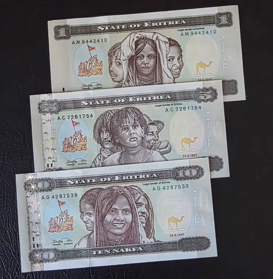 Eritrea Nakfa set of 1, 5 and 10 Nakfa 1990s Gem Uncirculated UNC (3 banknotes)