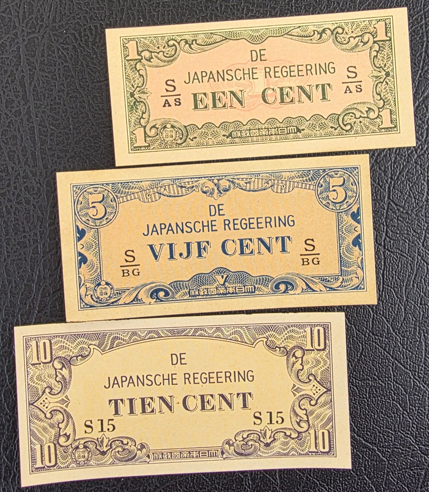 Netherlands Indies Japanese Regeering set of 1, 5 and 10 Cents 1942 Uncirculated UNC (three notes) Small notes (rare)
