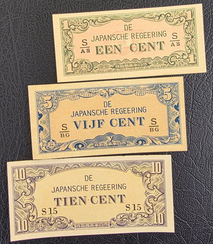 Netherlands Indies Japanese Regeering set of 1, 5 and 10 Cents 1942 Uncirculated UNC (three notes) Small notes (rare)