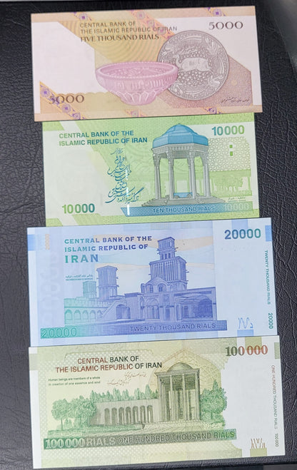 Set of 5000, 10000, 20000 and 100000 Rials Persian notes after 1979 Uncirculated Superb (Low and Matched Serial numbers 004999)