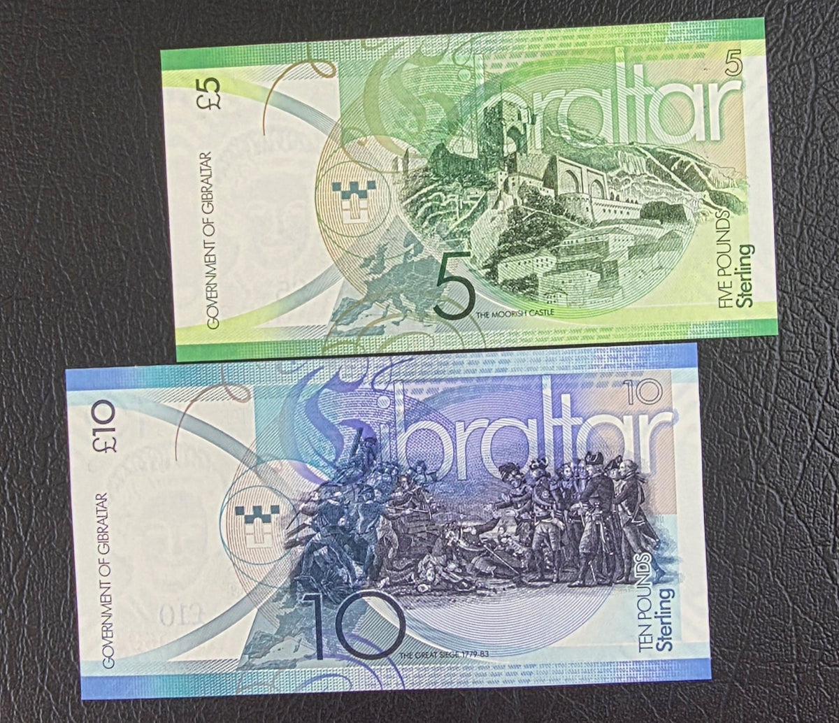 Gibraltar 5 and 10 Pounds Uncirculated UNC (two notes)