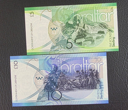 Gibraltar 5 and 10 Pounds Uncirculated UNC (two notes)