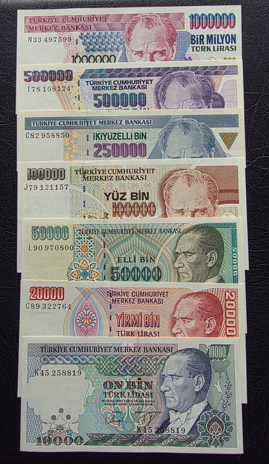 Turkey set of 10000 to one million Lira Turkey Türkiye Uncirculated UNC (Seven banknotes)
