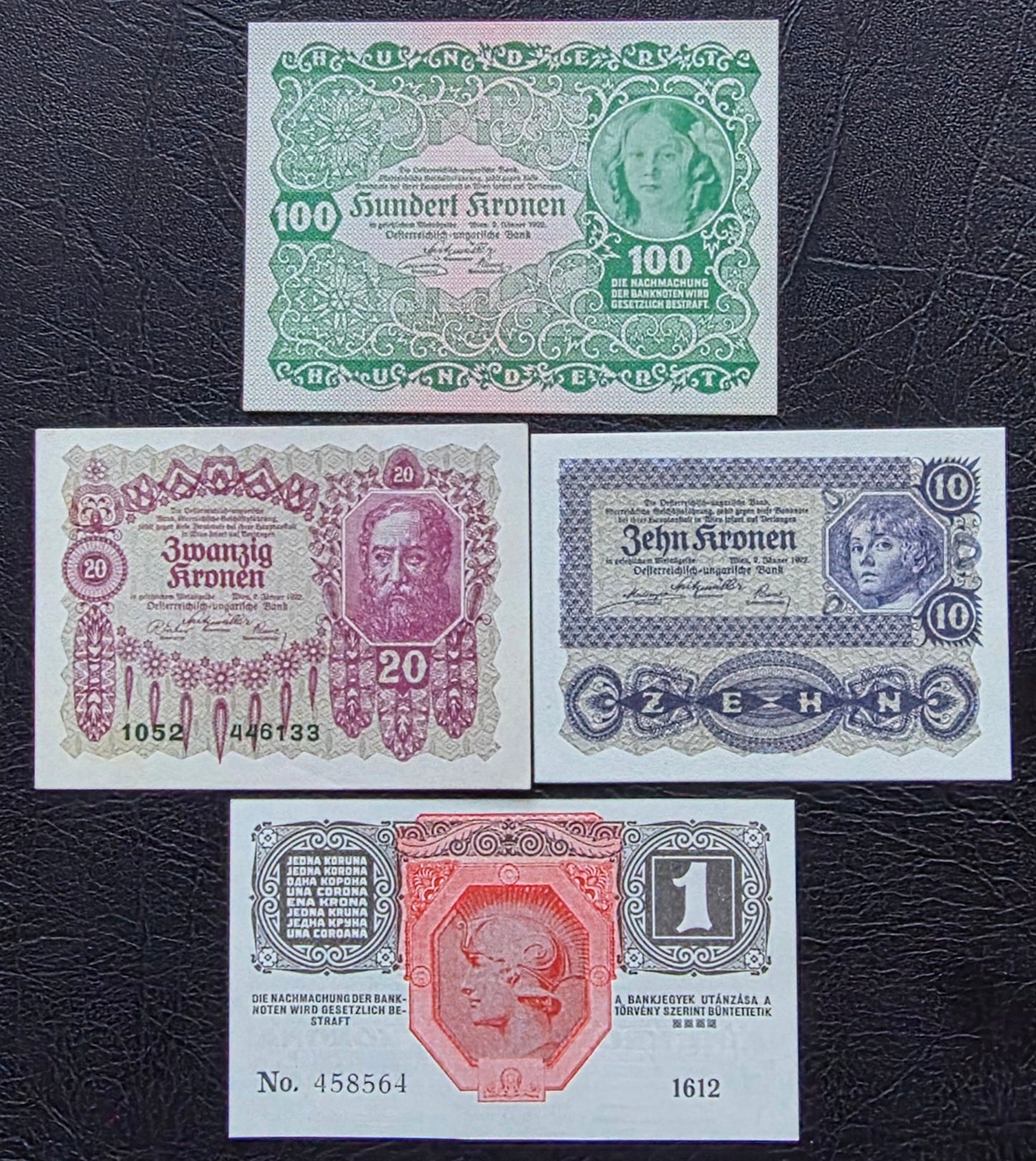 Austria set of 1, 10, 20 and 100 Krone 1916- 1922 Uncirculated (UNC) (Four notes)