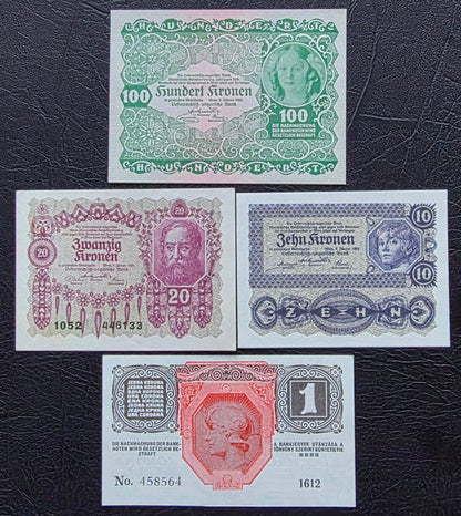 Austria set of 1, 10, 20 and 100 Krone 1916- 1922 Uncirculated (UNC) (Four notes)