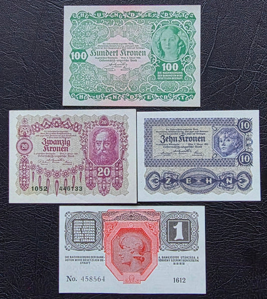 Austria set of 1, 10, 20 and 100 Krone 1916- 1922 Uncirculated (UNC) (Four notes)