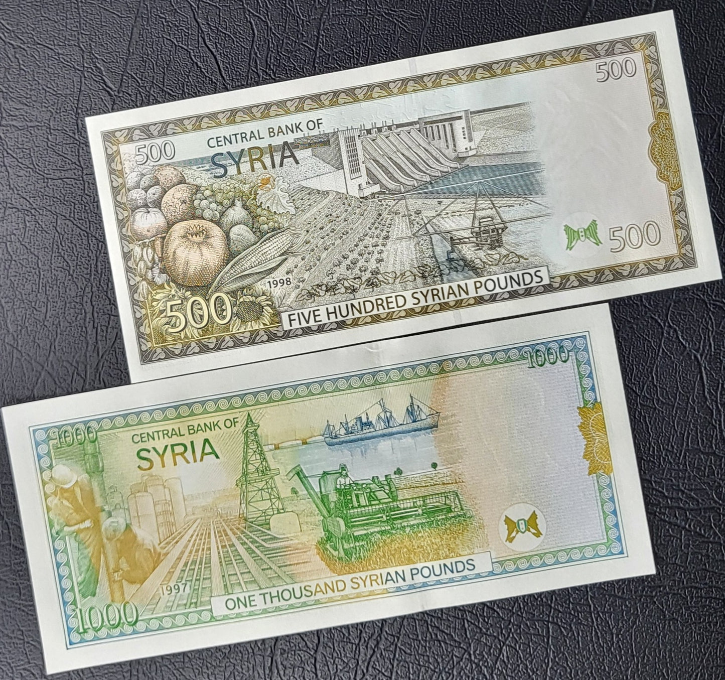 Set of 50, 100, 200, 500 and 1000 Lira Syria 1990s Syrian Pounds Uncirculated UNC (7 banknotes)